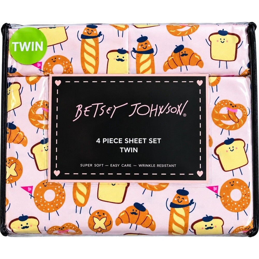 Betsey Johnson Twin Sheet Set 4 Piece Pink French Bakery Bread Croissant